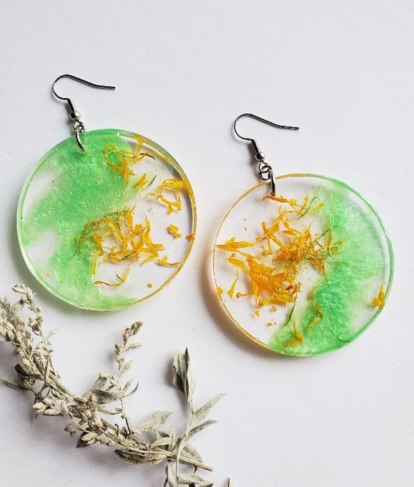 Marigold and Green Mica Large Round Earrings